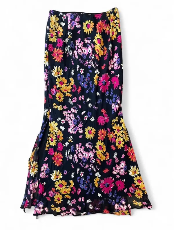 Vintage Express Silk Maxi Floral Skirt with Side Slit - Image 2