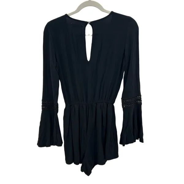 Hollister Black Long‎ Sleeve Romper V-Neck Crochet Trim Bell Sleeves Size S Boho - Image 2