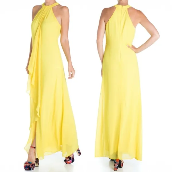 NWT Meghan LA Aphrodite Maxi Dress Size Medium Yellow Halter Ruffle Slit Gown - Image 4