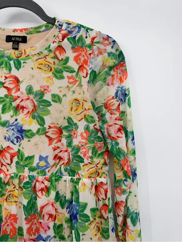 AFRM Floral Mesh Tiered Mini Dress‎ Small Long Sleeve Babydoll Multicolor - Image 6