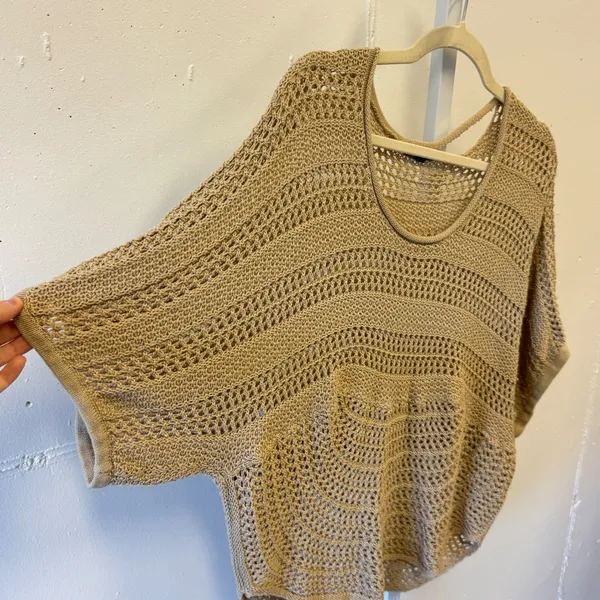 NY Collection Tan Open Knit Dolman Sleeve Sweater XL Beige Crochet Festival Boho - Image 3