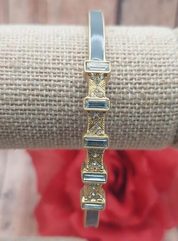 Lia Sophia Gray Enamel Gold Tone Stretchable Bangle Bracelet Baguette Crystals - Image 8