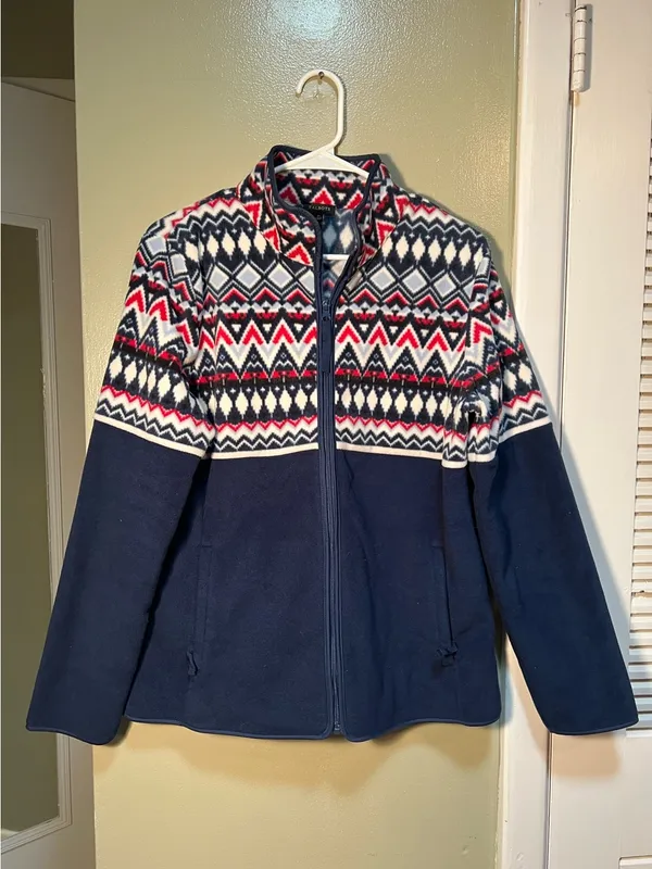 Talbots Women's Size Medium Fair Isle‎ Polar Fleece Jacket Navy Blue Full Zip - Image 3