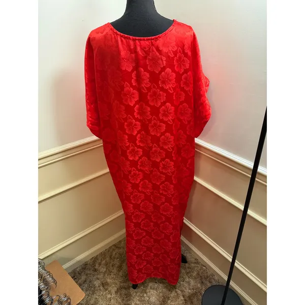 Vintage 80s Red Floral Satin Jacquard Oversized Muumuu Dress Loungewear Caftan - Image 5