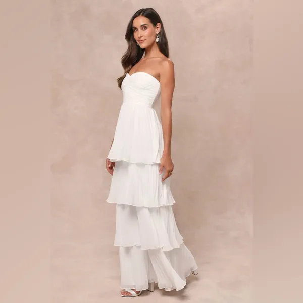 LULU’S Seriously Sensational White Strapless Tiered Maxi Dress - Image 3