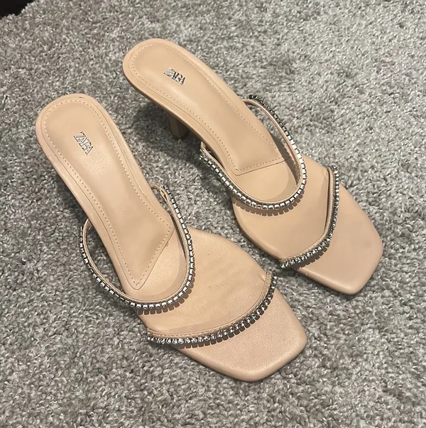 ZARA Nude Rhinestone Open Toe Mule Heels - Image 7