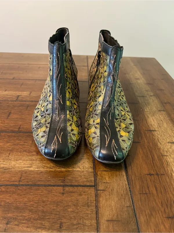 Pikolinos Floral Leather Ankle Booties Green Comfort Shoes EU 38 - Image 7