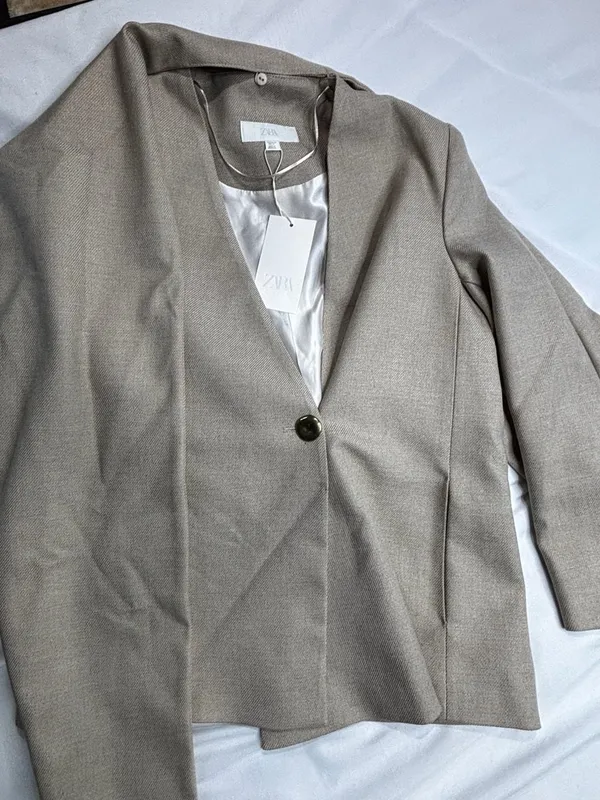 Zara Tailored Blazer with Wool Peplum ZW Collection Beige Size XS - Image 2