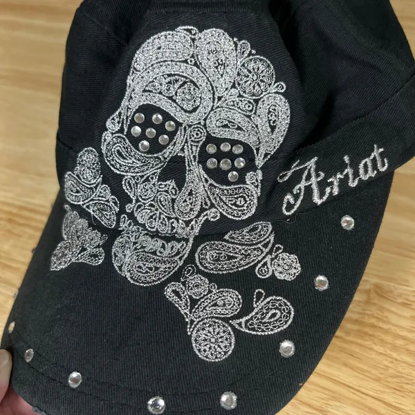 Ariat Black Cotton Cadet Hat Silver Embroidered Sugar Skull Rhinestone Distress - Image 2