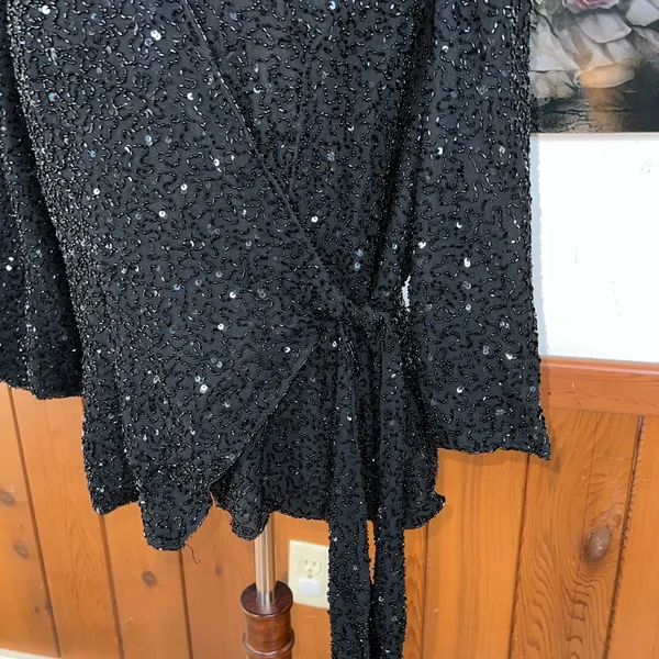 Beautiful J Kara Black Silk Beaded Wrap Blouse! - Image 4