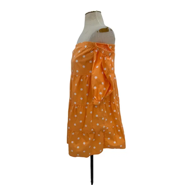 Color Me Courtney Quinn Polka Dot Off Shoulder Tiered Mini Dress Orange XS - Image 4