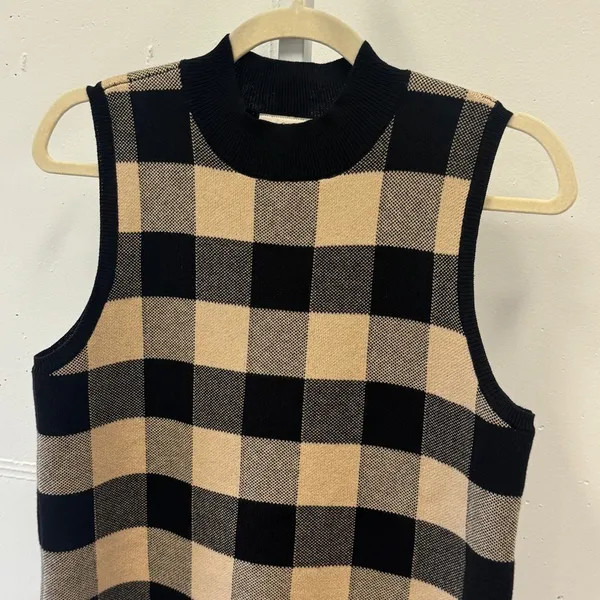 Loft Outlet Black Tan Buffalo Plaid Mock Neck Sleeveless Sweater Vest Top Career - Image 3