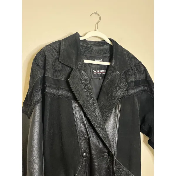 Women's Leather Coat Long Trench Black Patchwork Gothic Print Whimsigoth Moto 80 - Image 2