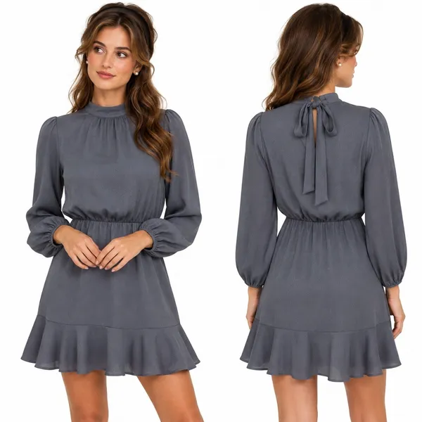 Vici Mini Dress Gray Ruffle Tie Back Textured Ballon Sleeve Coquette Size M - Image 2