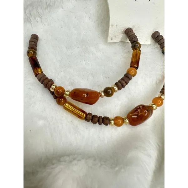 NEW Free People Beaded Hoop Earrings Set Brown Gold Tone Bohemian Beads Chic - Image 2