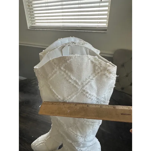 White Frayed Denim Quilted Platform Knee High Boots Pointed Toe Block Heel 8.5 - Image 6
