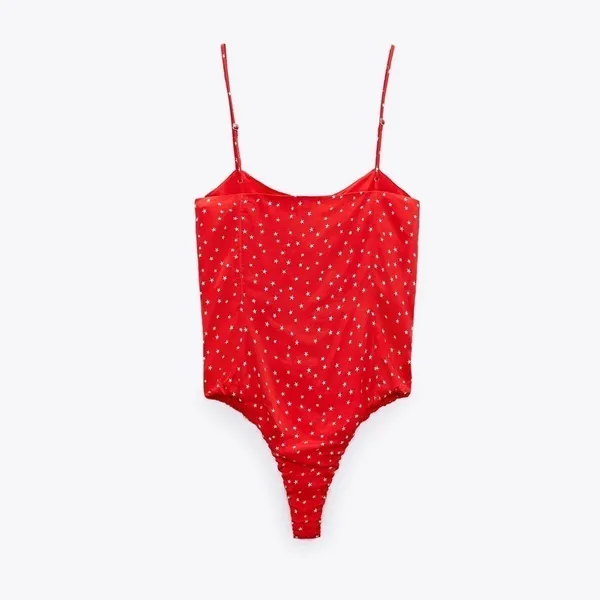 NWT Zara Satin Star Print Thong Bodysuit‎ in Red Size Medium - Image 3