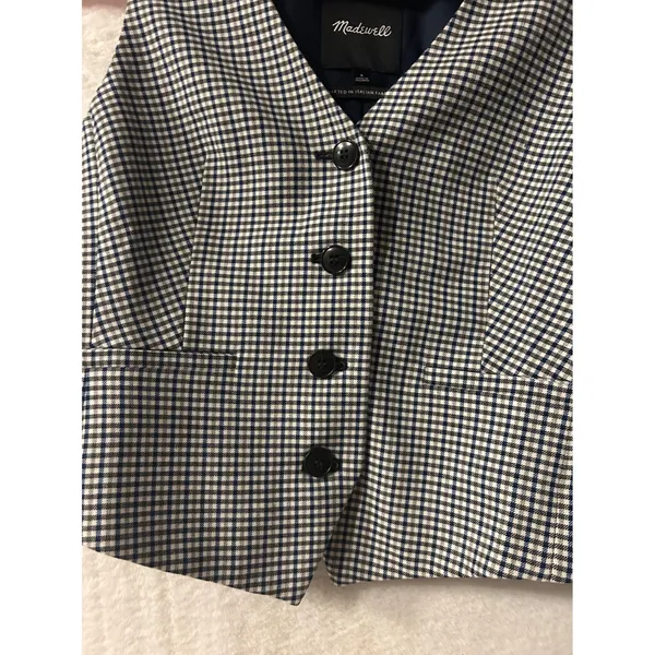 Madewell Italian Fabric Plaid Button Front Vest Navy Black‎ White Size 8 - Image 3