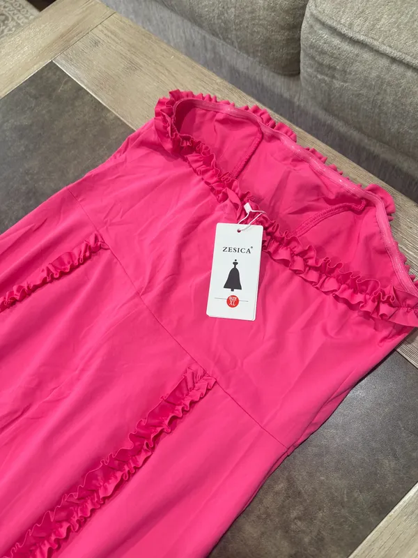 Zesica Strapless Pink Ruffle Mermaid Dress with Black Bow Detail - Image 7