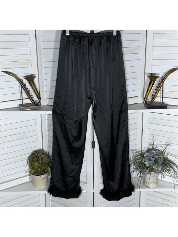 Vintage Y2K black satin pants faux fur ankles wide leg elastic waist whimsigoth - Image 2