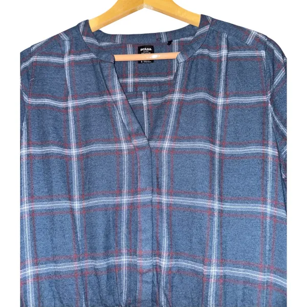 Prana Loop to Pines Organic Cotton Flannel Dress Blue Womens‎ Sz S Relaxed Plaid - Image 3