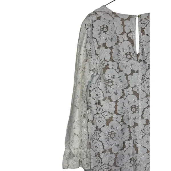 Wayf Women‎ Blouse Sheer Lace Floral V-Neck 3/4 Sleeve Nude Lining Ivory Medium - Image 9