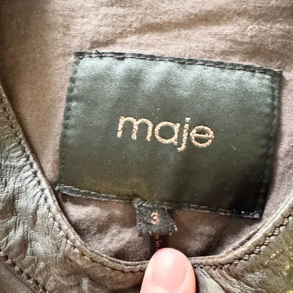 Maje Asymmetric Leather Moto Jacket Womens Size 3‎ L Brown Biker Gold Zip Edgy - Image 3