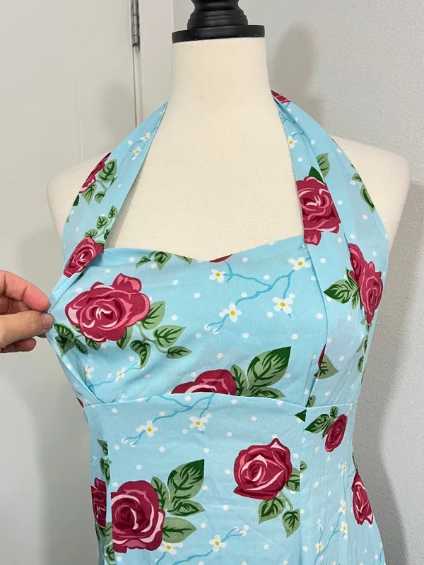 Hell Bunny Vixen 50s Rockabilly Blue Rose Halter Swing Dress - Image 4