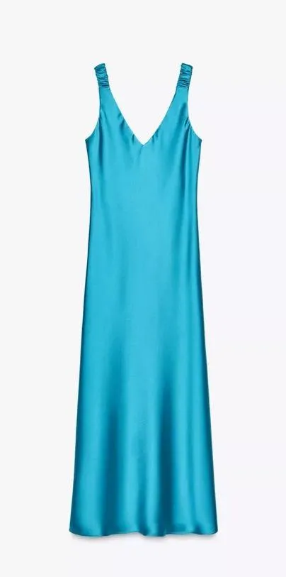 Zara midi dress turquoise blue satin effect evening casual wedding - Image 3