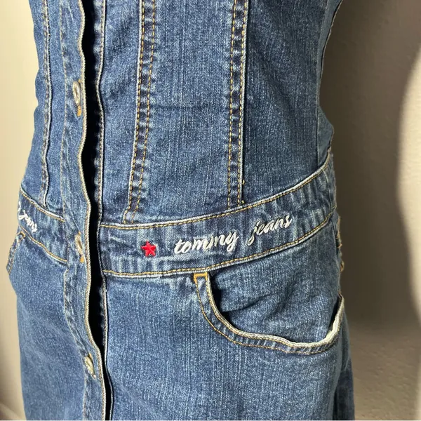 90s Vintage Tommy Hilfiger Short Sleeve Button Front Denim Mini Dress - Image 6