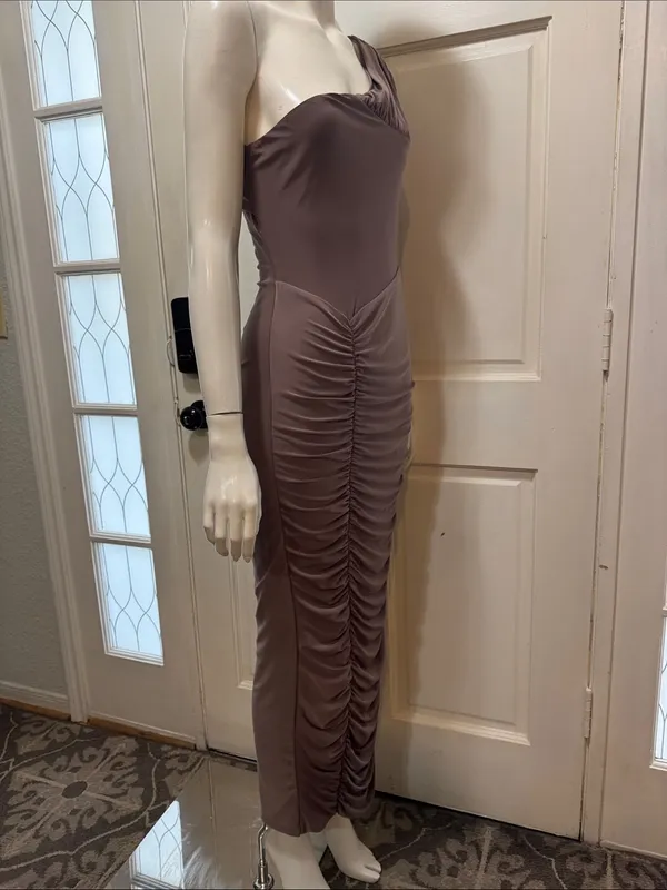 Club L London Brown Ruched Twist Bardot Maternity Midi Dress One-Shoulder Size 8 - Image 7