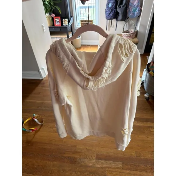 Alo Yoga ivory ripped hoodie‎ sweatshirt featuring distressed detailing large - Image 2