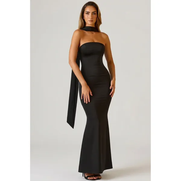 Oh Polly‎ Mandi Scarf Detail Strapless Satin Maxi Gown Black NWT Size US 4 - Image 6