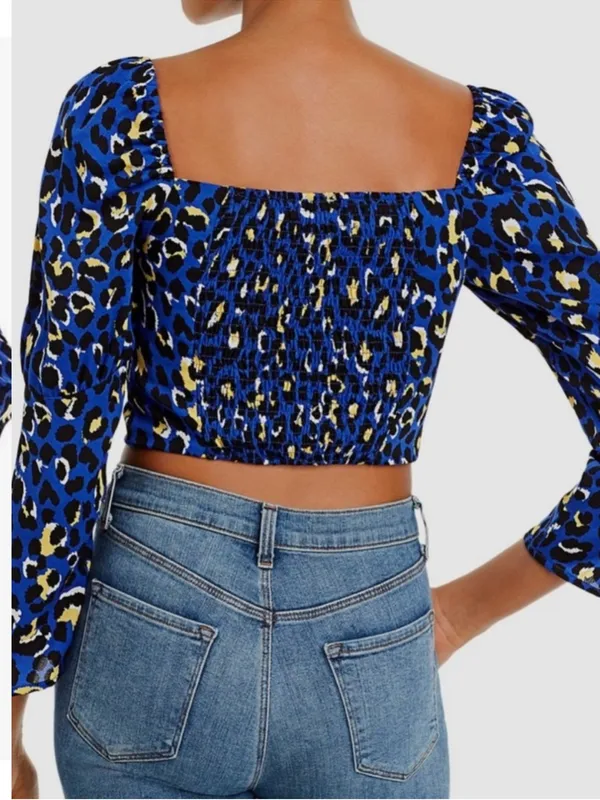 NWT RAHI Chloe Puff Shoulder Blue Animal Print Crop Top Size XS - Image 3