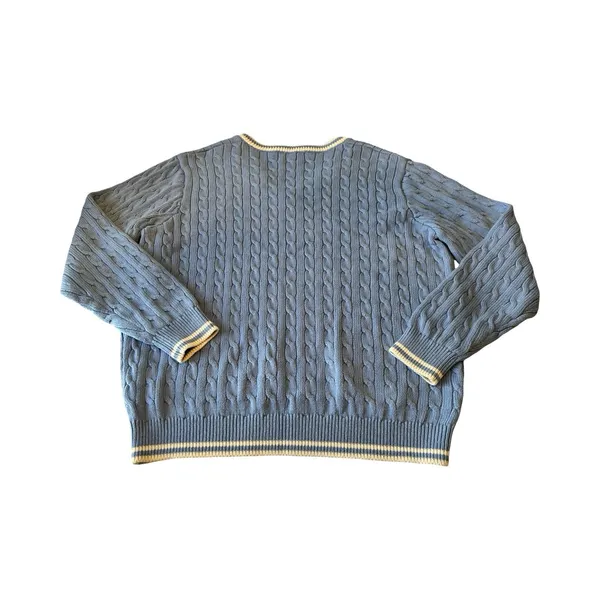 J Galt Shanghai Blue Cable‎ Knit V-Neck Sweater Striped Trim Preppy Pullover - Image 2