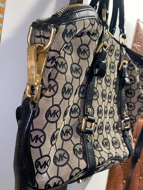 Michael Kors Black and Beige MK Monogram Satchel with Crossbody Strap - Image 4