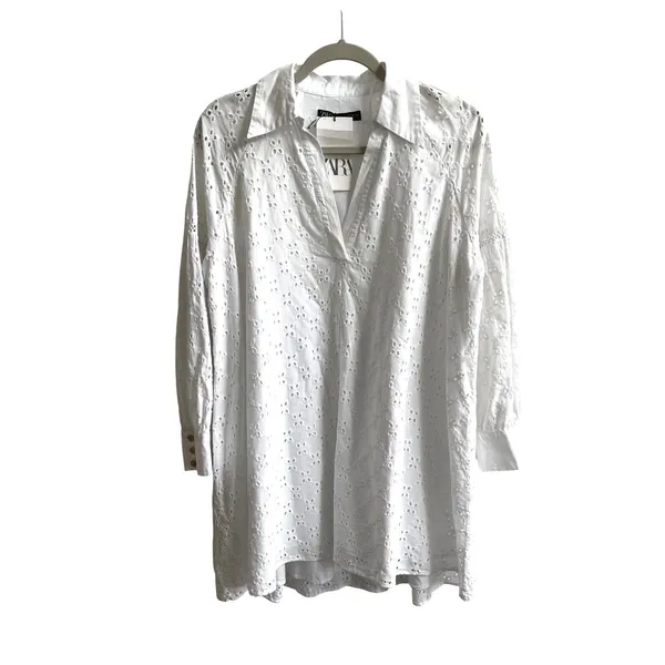 Zara Eyelet Mini Dress Womens Large White Boho Coastal Cotton‎ Tunic Embroidered - Image 3