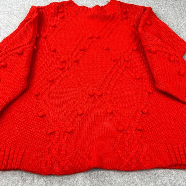Ava & Viv Cable Knit Pom Pom Sweater‎ In Red Women's Size 2X - Image 2