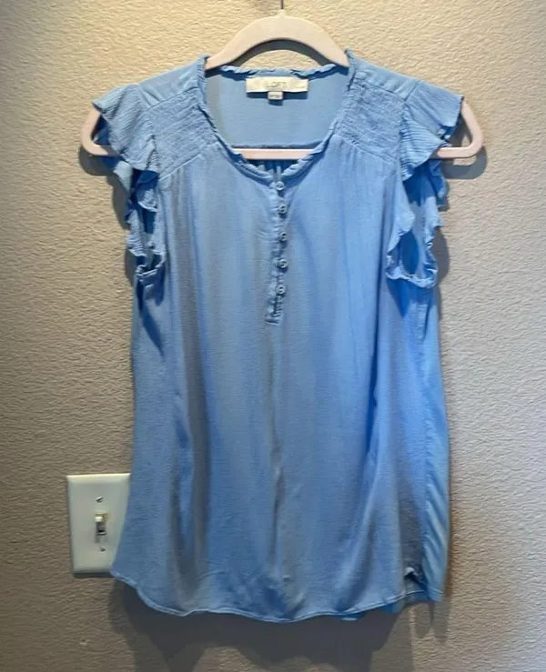 Ann Taylor LOFT Women’s Petite Ruffle Button Mixed Media Top PM Petite Medium - Image 2
