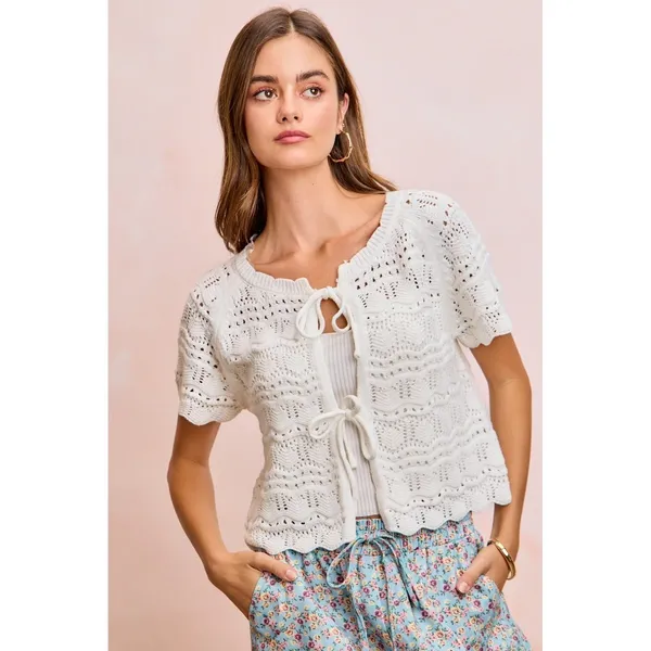 BiBi Front Bow Tie Detail Pointelle Knit Top - Ivory - XL - Image 15