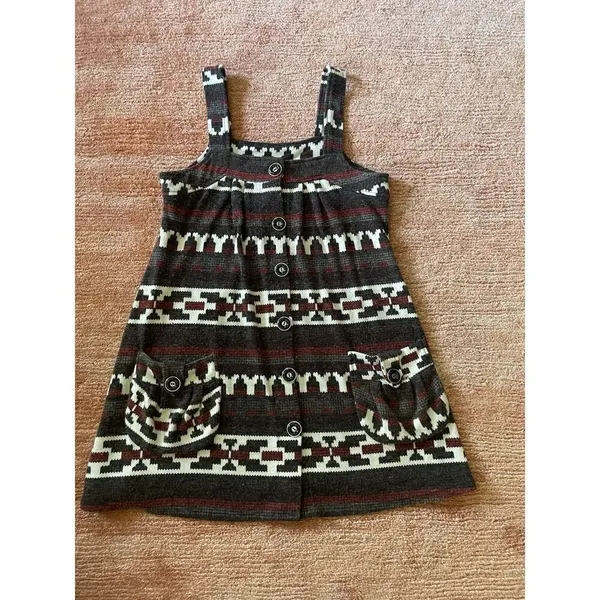 Women’s Boho Knit Mini Sleeveless Tunic Geometric Print Button Up Two Pockets - Image 2