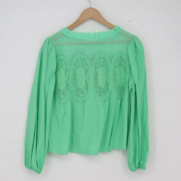 Fashion Blouse Women's S Green Crochet Lace Balloon Sleeve Excellent - Image 3