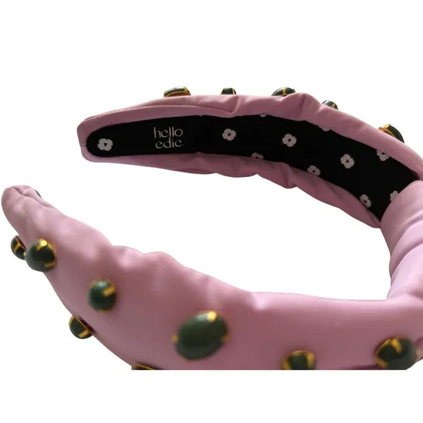 Hello Edie Pink Knotted Headband Green Gemstone Embellished Statement Headband - Image 3