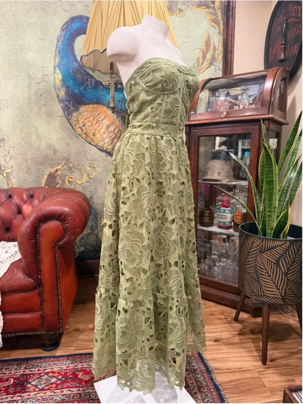Glam Sage Green Lace Corset Maxi Dress Strapless Cutout Crochet Floral XL Summer - Image 4