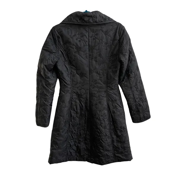 H&M Puffer Coat Women XS Black Floral Embroidered Quilted‎ Longline Funnel Neck - Image 3