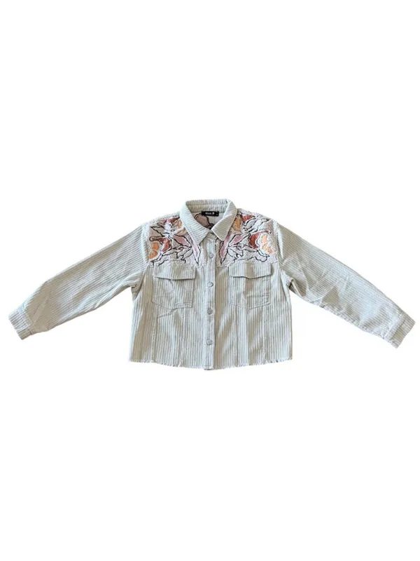 $80 NWT blue b Cream Embroidered Corduroy Fray Edge Western jacket M - Image 3