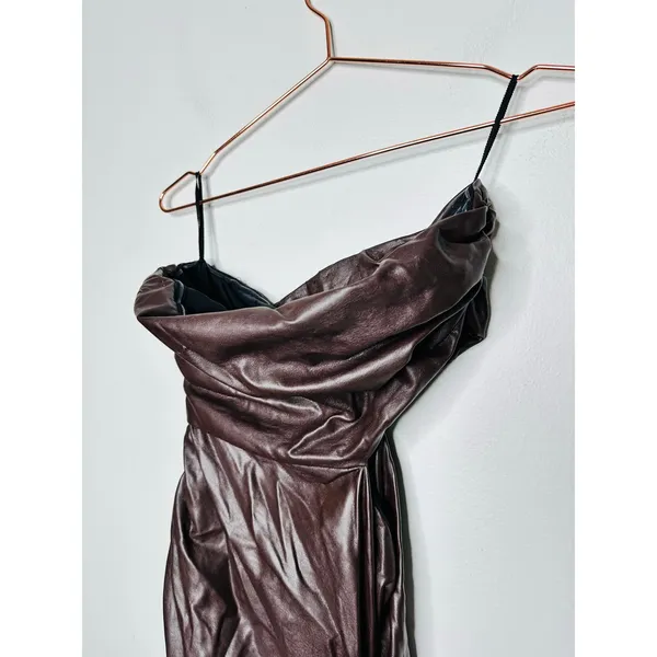 ALC Frank Brown Faux Leather Sleeveless Strapless Ruched Side Cutout Andie Dress 8 - Image 7
