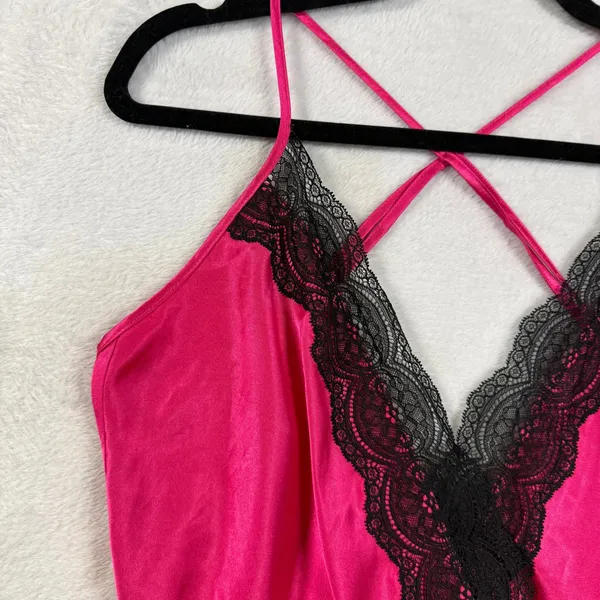 Victoria's Secret M Pink Black Lace Trim Satin Romper Sleep Teddy Lingerie Glam - Image 2
