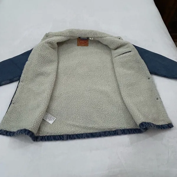 Levi’s Premium Blue Denim Sherpa Snap Button Long Trucker Jean Jacket Unisex S - Image 6