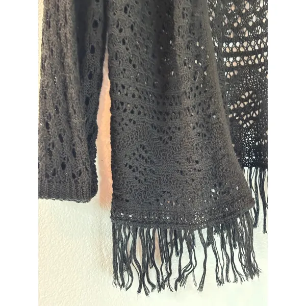 Black‎ Crochet Fringe Cardigan Open Knit Boho Festival Wrap Sweater - Image 2